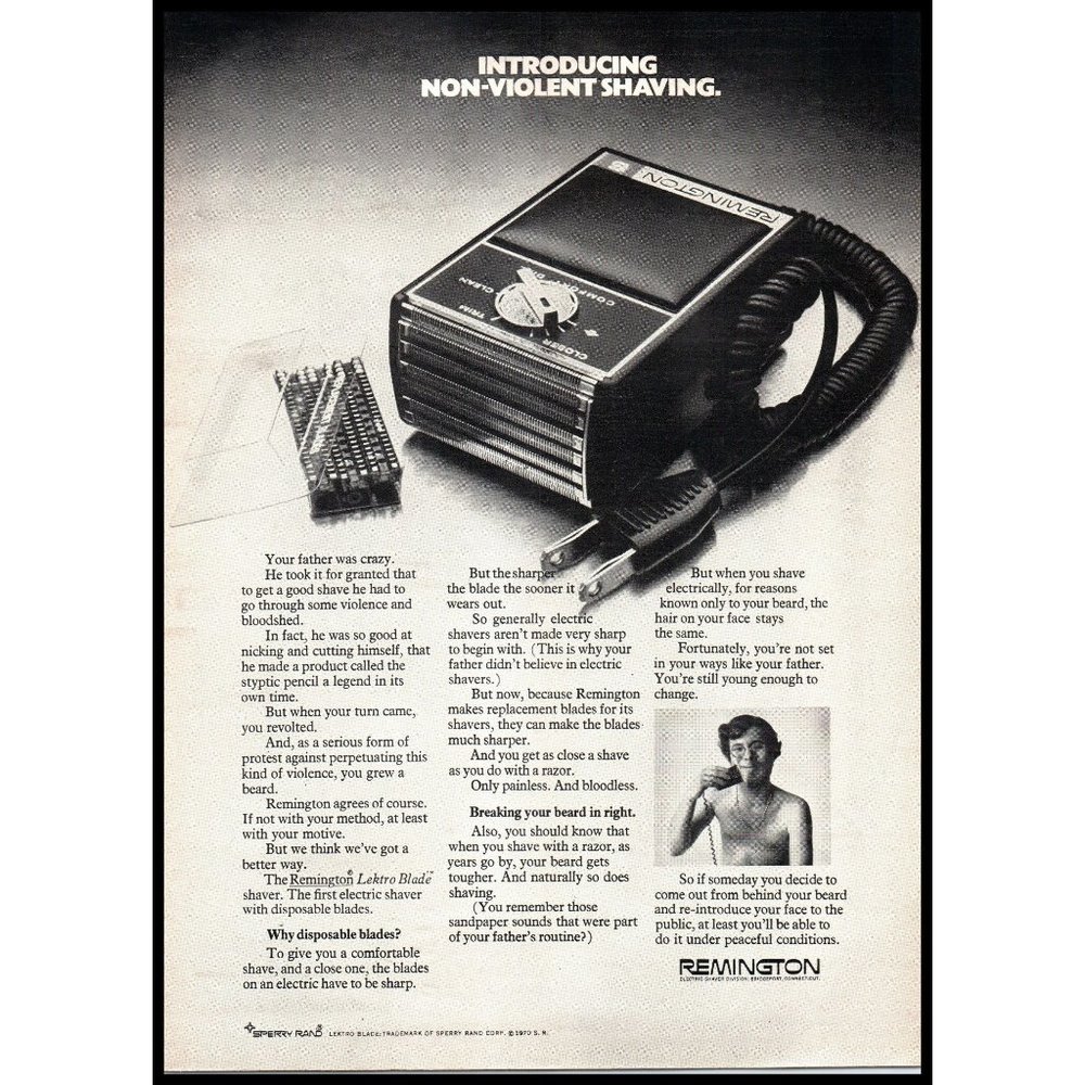 1970 Remington Electric Shaver Razor Vintage Print Ad 70s Mens Grooming Wall Art